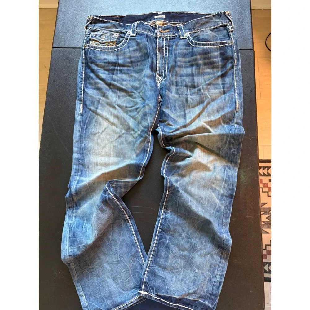 True Religion Ricky Super T Relaxed Straight Jeans Blue Nat Sunset Size 40